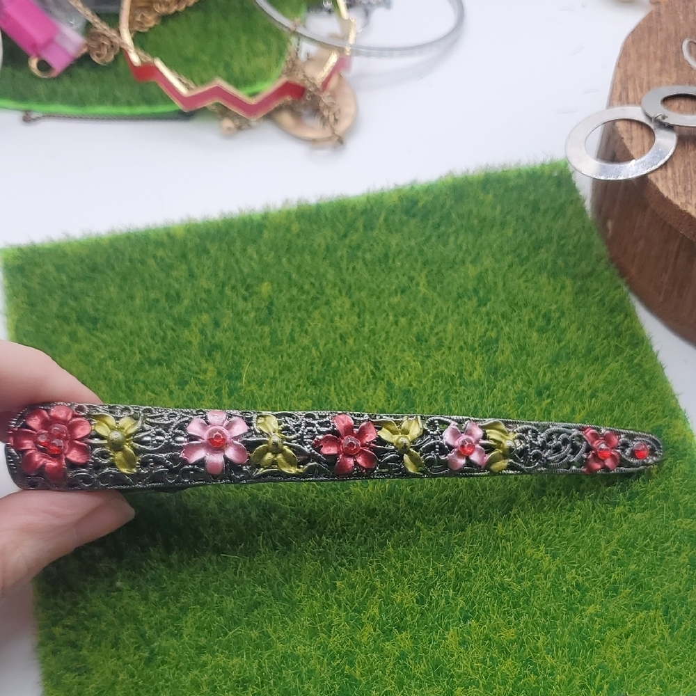 Long Intricate Floral Hair Clip with Pink and Green Accents Overflow